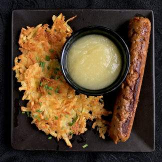 Vegetarian Smoked Apple Sage Sausages with Potato Pancakes