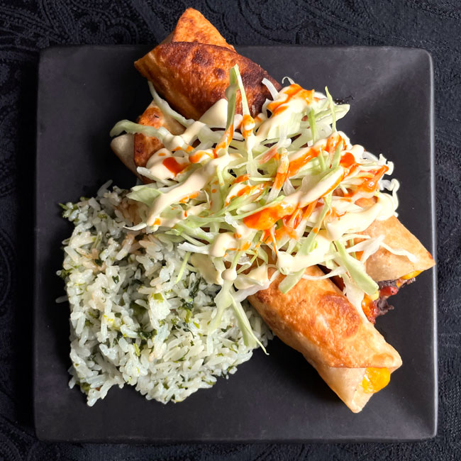 Black Bean Flautas with Arroz Verde