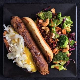 Vegetarian Brats with Curried Broccoli Salad