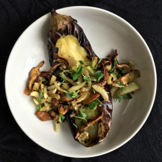 Charred Eggplant with Mushroom-Fennel Ragout