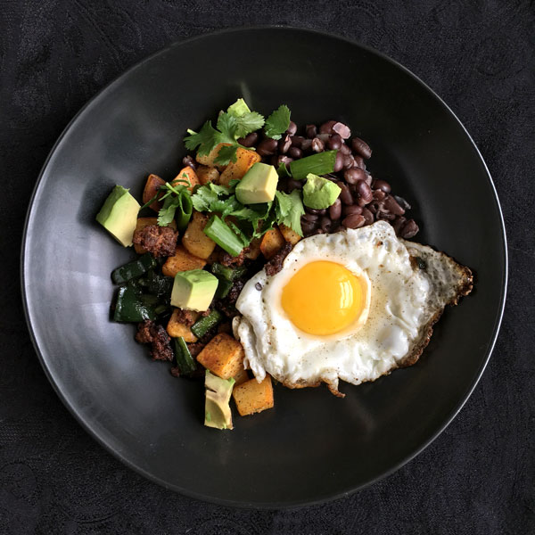 Chorizo Hash with Black Beans, Avocado, and Egg
