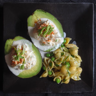 Crab-Stuffed Avocados with Pea & Dill Pasta Salad
