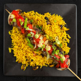 Harissa-Steak Skewers with Jewel Rice