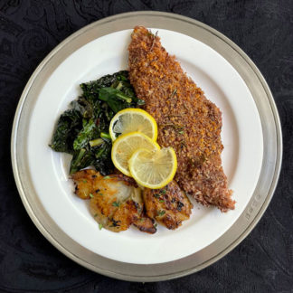 Pecan-Crusted Lake Fish with Sunchokes and Kale