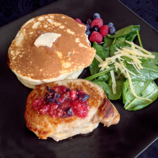 Stuffed Pork Chops with Berry Sauce and Pancakes