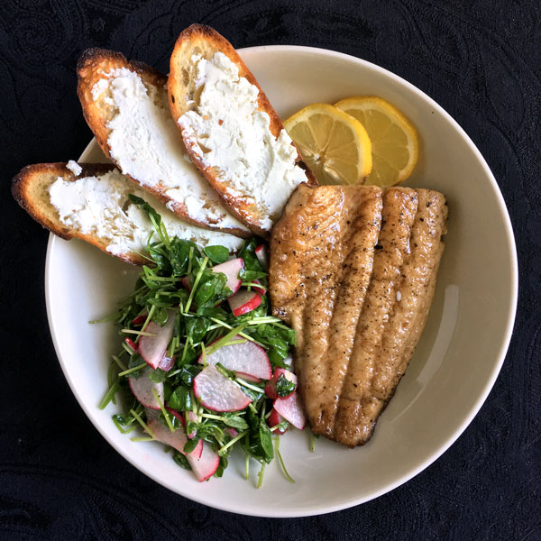 Whitefish with Pea Tendrils, Radish and Crostini