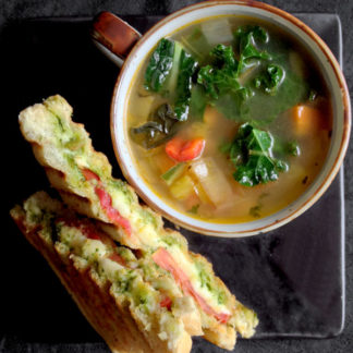 Winter Vegetable Soup with Pesto Grilled Cheese