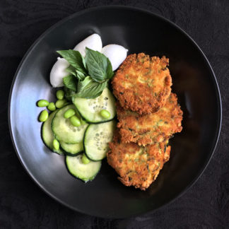 Zucchini Patties with Buffalo Mozzarella, Cucumbers and Basil